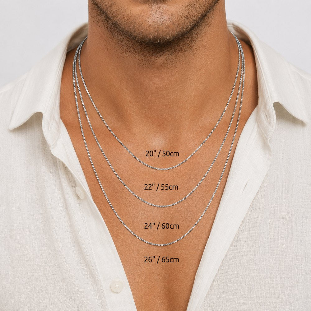 Necklace lengths shown on a model — 50cm, 55cm, 60cm, 65cm